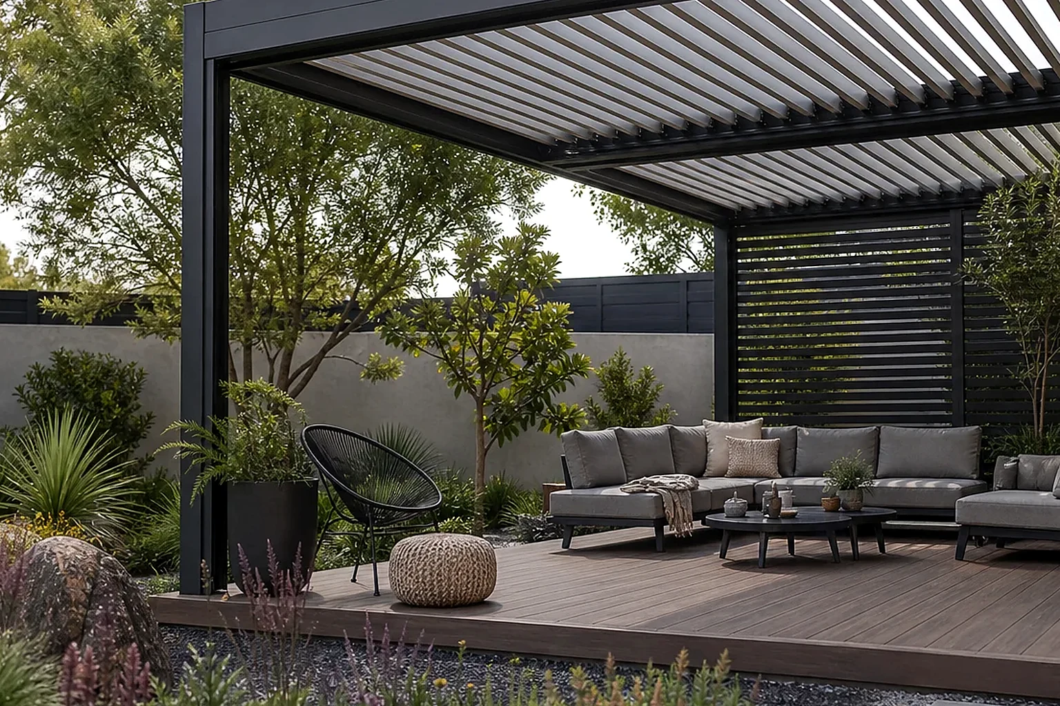 Bahçede ahşap pergola ve oturma alanı