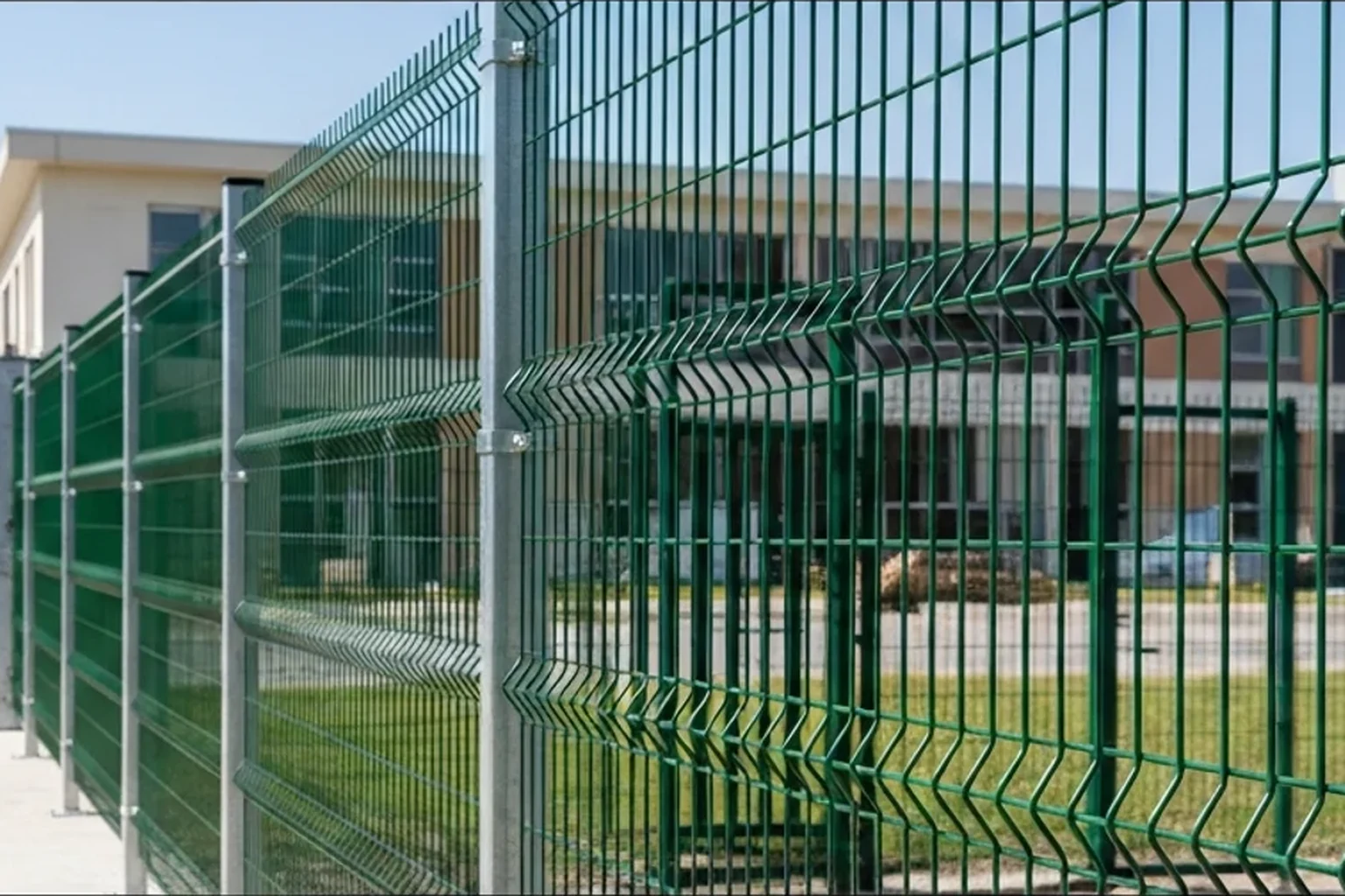 Yeşil panel çit hattının bahçe sınırı boyunca hizalanmış görünümü